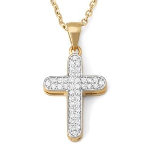 14K Gold Rounded Latin Cross Pendant Studded with Diamonds