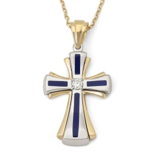Grand 14K Gold Two-Tone Latin Cross Pendant with Diamond and Enamel