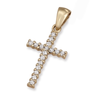 14K Gold and Diamond Slender Roman Cross Pendant with 17 Diamonds
