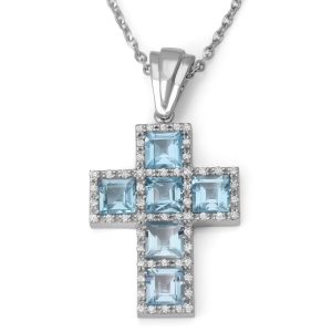 Large 14K White Gold Square Latin Cross Pendant with Diamonds and Blue Topaz