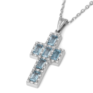 Women's Elongated 14K White Gold Rectangular Latin Cross Pendant with Diamonds and Blue Topaz
