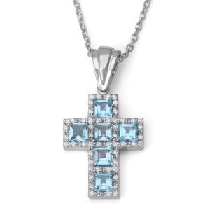 Women's 14K White Gold Squared Latin Cross Pendant with Diamonds and and Blue Topaz