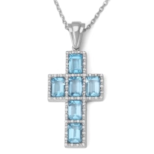Large 14K Gold Rectangular Latin Cross Necklace with Diamonds and Blue Topaz Stones