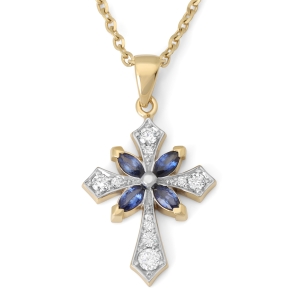 14K Gold Latin Cross of Passion with Diamonds and Floral Sapphire Design