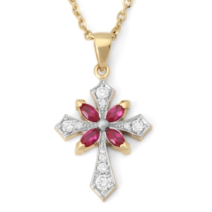 14K Gold Two-Tone Latin Cross of Passion with Diamonds and Floral Ruby Design