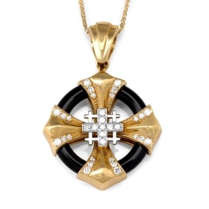 Round 14K Gold Jerusalem Cross Pendant Necklace with 33 Diamonds and Onyx - Unisex