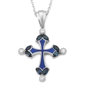 14K White Gold Enamel Decorated Cross of Passion Pendant with Diamonds and Sapphires