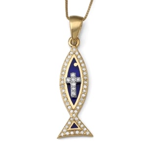 Anbinder Jewelry Women's Ichthus and Cross 14K Gold Pendant with Diamonds and Blue Enamel