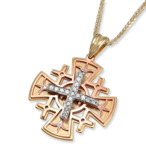 Tricolor 14K Gold Flared Jerusalem Cross Pendant Necklace with 17 Diamonds and Fleur-de-Lis Motif