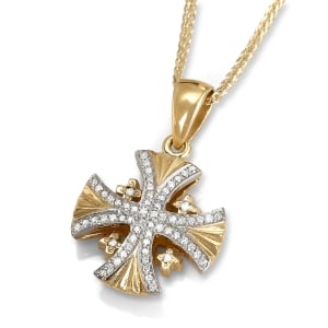 14K Yellow Gold Flared Jerusalem Cross Pendant Necklace with Pleated Design and Diamond-Studded Arms