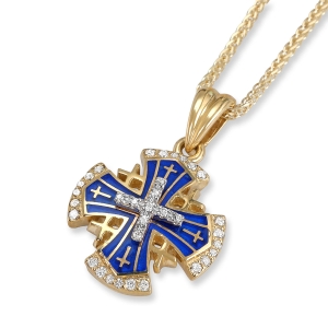 Flared Jerusalem Cross Pendant Necklace with 33 Diamonds in 14K Yellow Gold and Blue Enamel