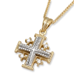 Signature Two-Tone 14K Gold Jerusalem Cross Pendant Necklace with 56 White Diamonds and Milgrain Detailing