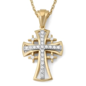 Elongated Jerusalem Cross Pendant Necklace with 24 Diamonds in Choice of 14K Yellow or White Gold
