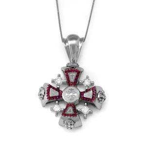 Jerusalem Cross Pendant Necklace with 24 Diamonds and 60 Rubies in 14K White Gold - Unisex