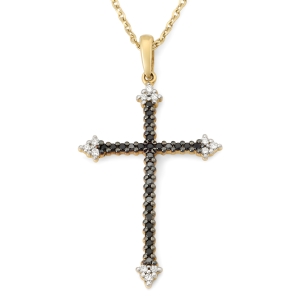 Slim 14K Gold Cross of Passion Pendant with Black and White Diamonds