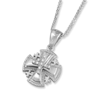 14K White Gold Layered Jerusalem Cross Pendant Necklace with 9 Diamonds and Textured Border