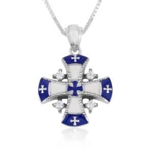 925 Sterling Silver Jerusalem Cross Necklace with Zircons and Blue and White Enamel