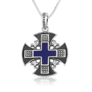 Oxidized 925 Sterling Silver Jerusalem Cross Necklace with Blue Enamel and Zircons
