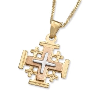 Women’s Layered Tricolor 14K Gold Jerusalem Cross Pendant Necklace with polished and brushed finishes