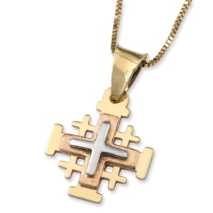 Dainty Tricolor Layered Jerusalem Cross Pendant Necklace with polished and brushed finishes