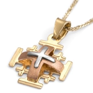 14K Tricolor Gold Domed Jerusalem Cross Pendant Necklace