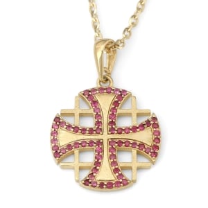 Flared Jerusalem Cross Pendant Necklace with 68 Rubies in 14K Yellow Gold