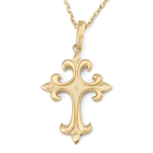 14K Gold Fleur-de-Lis Latin Cross Pendant Necklace– Available in Yellow or White Gold