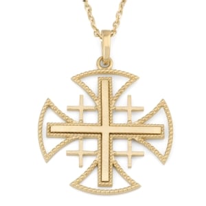 Openwork Jerusalem Cross Pendant Necklace with Dotted Detailing in 14K Yellow or White Gold