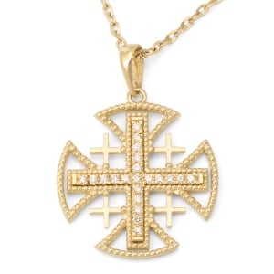 Openwork Jerusalem Cross Pendant Necklace with 21 Diamonds and Dotted Detailing in 14K Yellow or White Gold