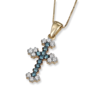 14K Yellow Gold Blue & White Diamond Slender Budded Cross Pendant with 22 Diamonds