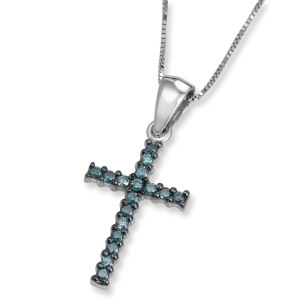 14K White Gold and Blue Diamond Slender Roman Cross Pendant with 17 Diamonds