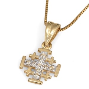 Classic 14K Gold Jerusalem Cross Pendant Necklace with 9 Champagne Diamonds