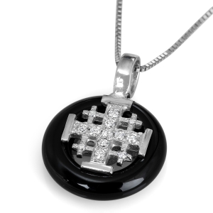 Round 14K White Gold and Black Onyx Jerusalem Cross Pendant Necklace with 13 Diamonds