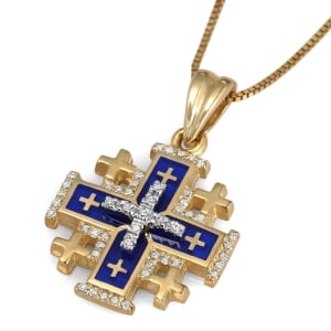 Classic 14K Gold and Blue Enamel Jerusalem Cross Pendant Necklace with 49 Diamonds