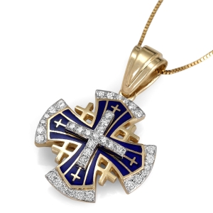 Two-Tone 14K Gold Flared Jerusalem Cross Pendant Necklace with 37 Diamonds and Blue Enamel