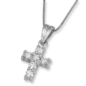 14K White Gold and Diamond Small Roman Cross Pendant with 6 Diamonds