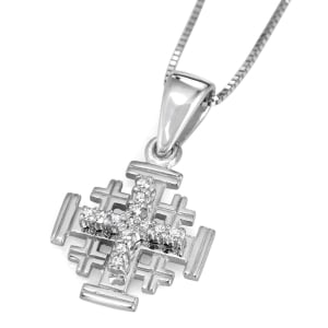 14K White Gold Jerusalem Cross Pendant Necklace with 13 Diamonds and Etched Detailing