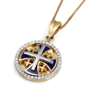 Women’s Round Jerusalem Cross Pendant Necklace with 38-Diamond Halo in Two-Tone 14K Gold and Blue Enamel