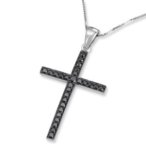 14K White Gold and Black Diamond Slender Roman Cross Pendant with 27 Diamonds