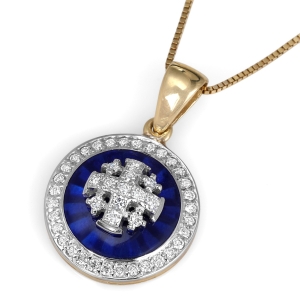 Round Jerusalem Cross Pendant Necklace with Blue Enamel and Diamond Halo in Two-Tone 14K Gold 