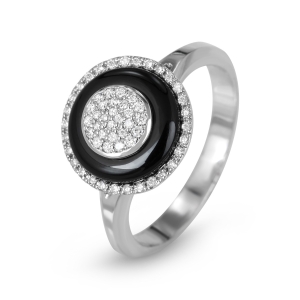 Anbinder 14K White Gold and Onyx Diamond Halo Circular Pavé Woman’s Ring