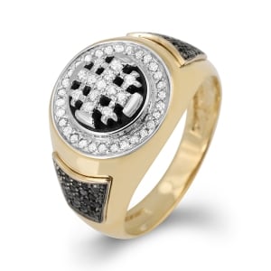 14K Gold Luxurious Jerusalem Cross Ring with White and Black Diamonds and Black Enamel