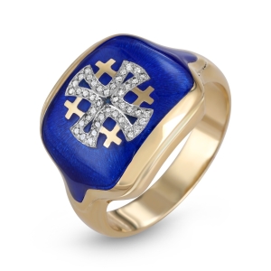 14K Yellow Gold Men’s Designer Jerusalem Cross Ring with 42 Diamonds and Blue Enamel