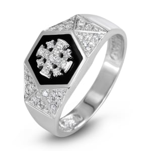 14K White Gold Black Enamel and Pavé Diamond Women’s Hexagonal Jerusalem Cross Ring