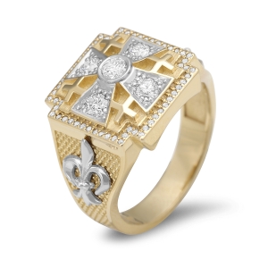 Deluxe Fleur-de-Lis Jerusalem Cross Ring with 65 Diamonds in 14K Yellow or White Gold - 1.2 TCW