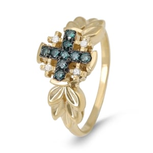 Women's Jerusalem Cross Ring with Blue and White Diamonds and Leaf Design in 14K Yellow or White Gold