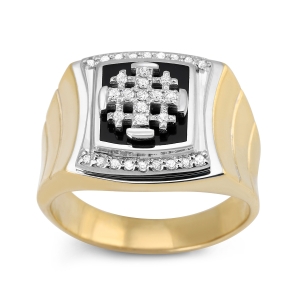 Men’s Art Deco Jerusalem Cross Signet Ring in 14K Yellow or White Gold with 31 Diamonds and Black Enamel