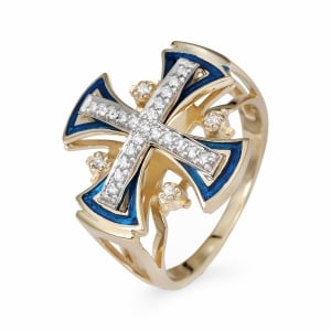 14K Gold Openwork Flared Jerusalem Cross Ring with 25 Diamonds and Blue Enamel