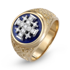 Men’s Diamond Jerusalem Cross Signet Ring with Celtic Knots in 14K Yellow Gold and Blue Enamel