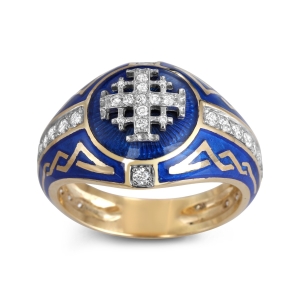Men’s Rounded Jerusalem Cross Signet Ring with 39 Diamonds in 14K Gold and Blue Enamel